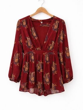 Ecote Burgundy Floral Deep V Romper